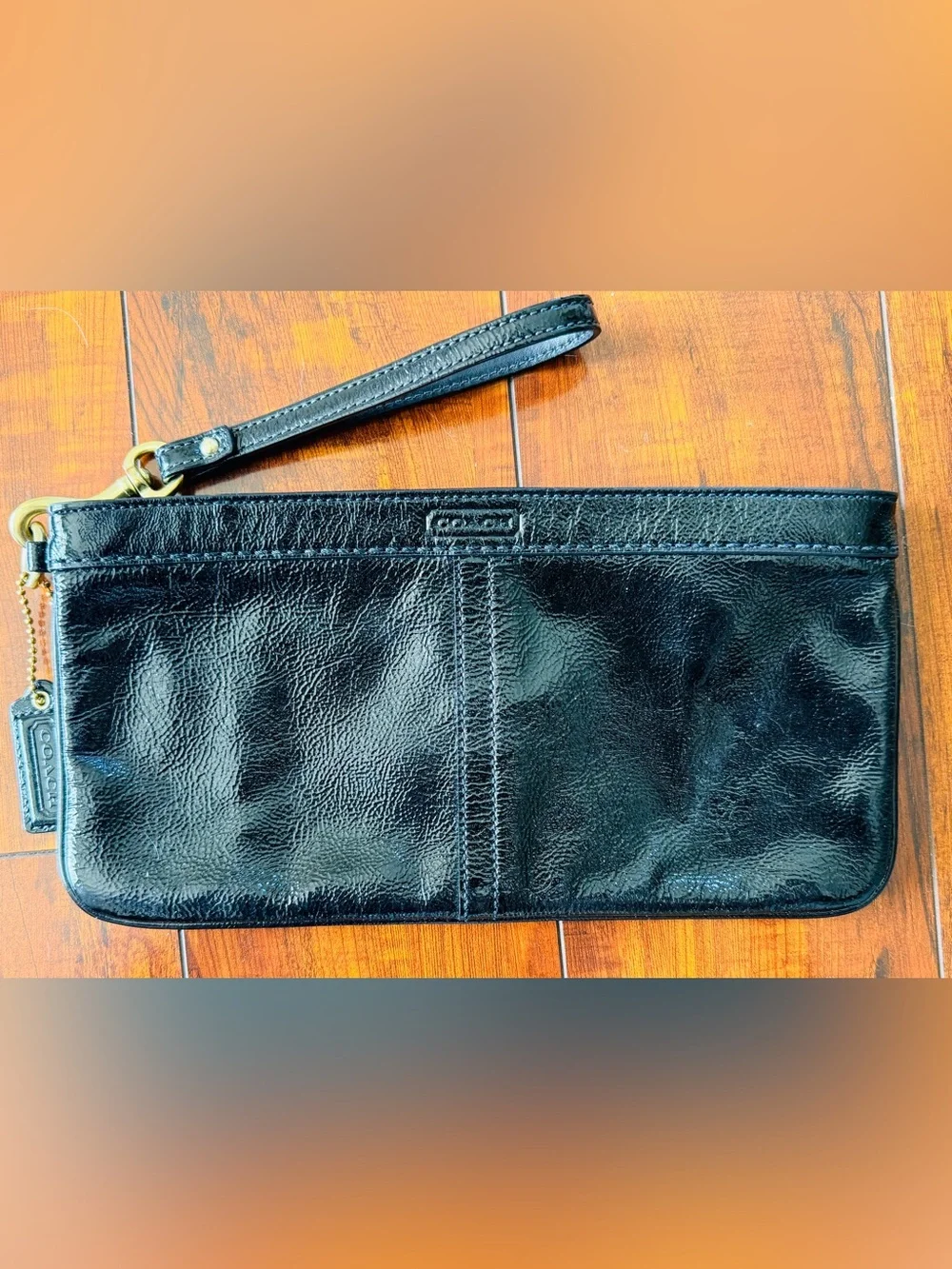 Coach F13269 Black Crinkled Patent Leather Large Wristlet Clutch